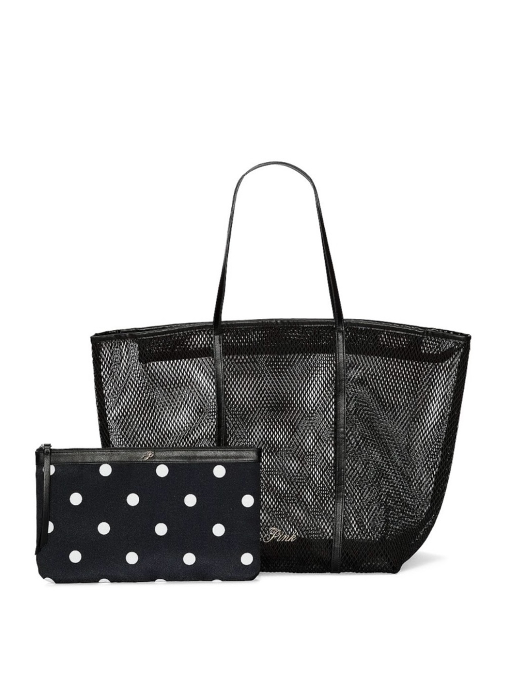Victoria's Secret PINK Black Mesh Tote Bag & Makeup Pouch Set Polka Dot NE